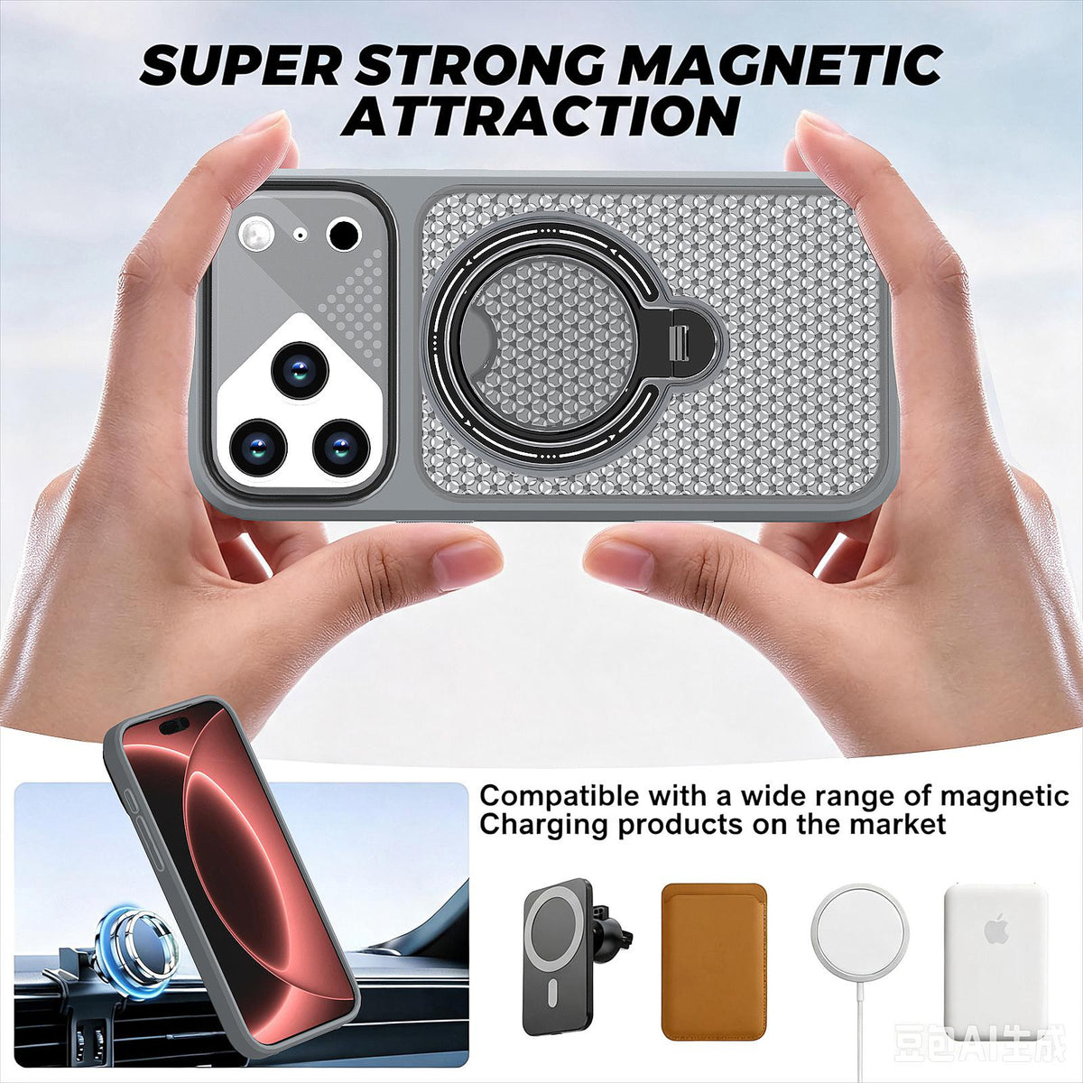 Compatible with iPhone 18 Pro Max Colored Cooling 360 Degree Rotation Ring Holder Magnetic Phone Case - Grey