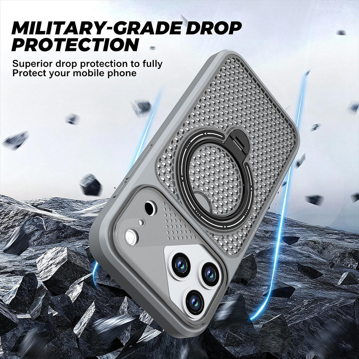 Compatible with iPhone 18 Pro Max Colored Cooling 360 Degree Rotation Ring Holder Magnetic Phone Case - Grey