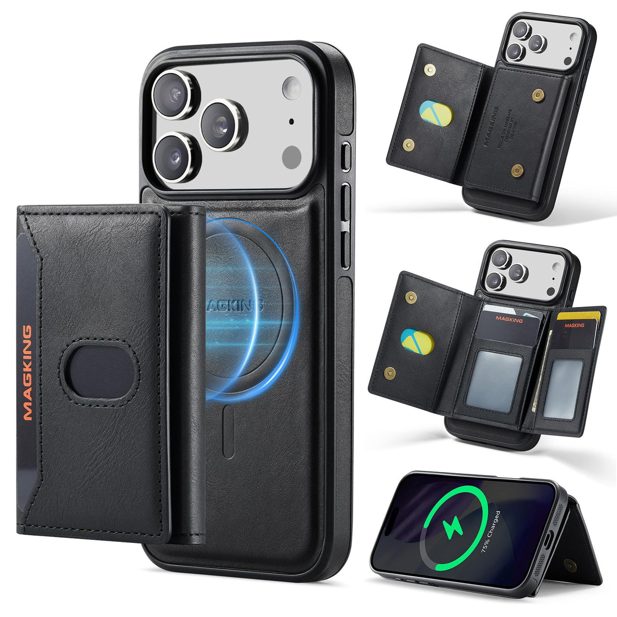 Compatible with iPhone 18 Pro Max MAGKING K5 Series RFID Tri-fold Card Bag Detachable Magnetic Phone Case - Black