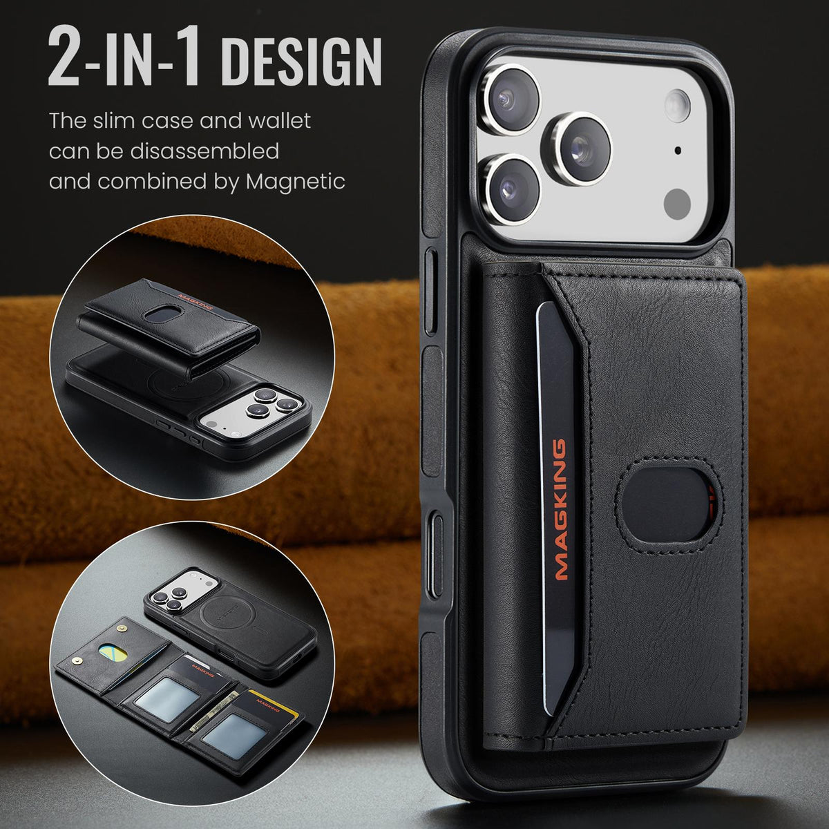 Compatible with iPhone 18 Pro Max MAGKING K5 Series RFID Tri-fold Card Bag Detachable Magnetic Phone Case - Black