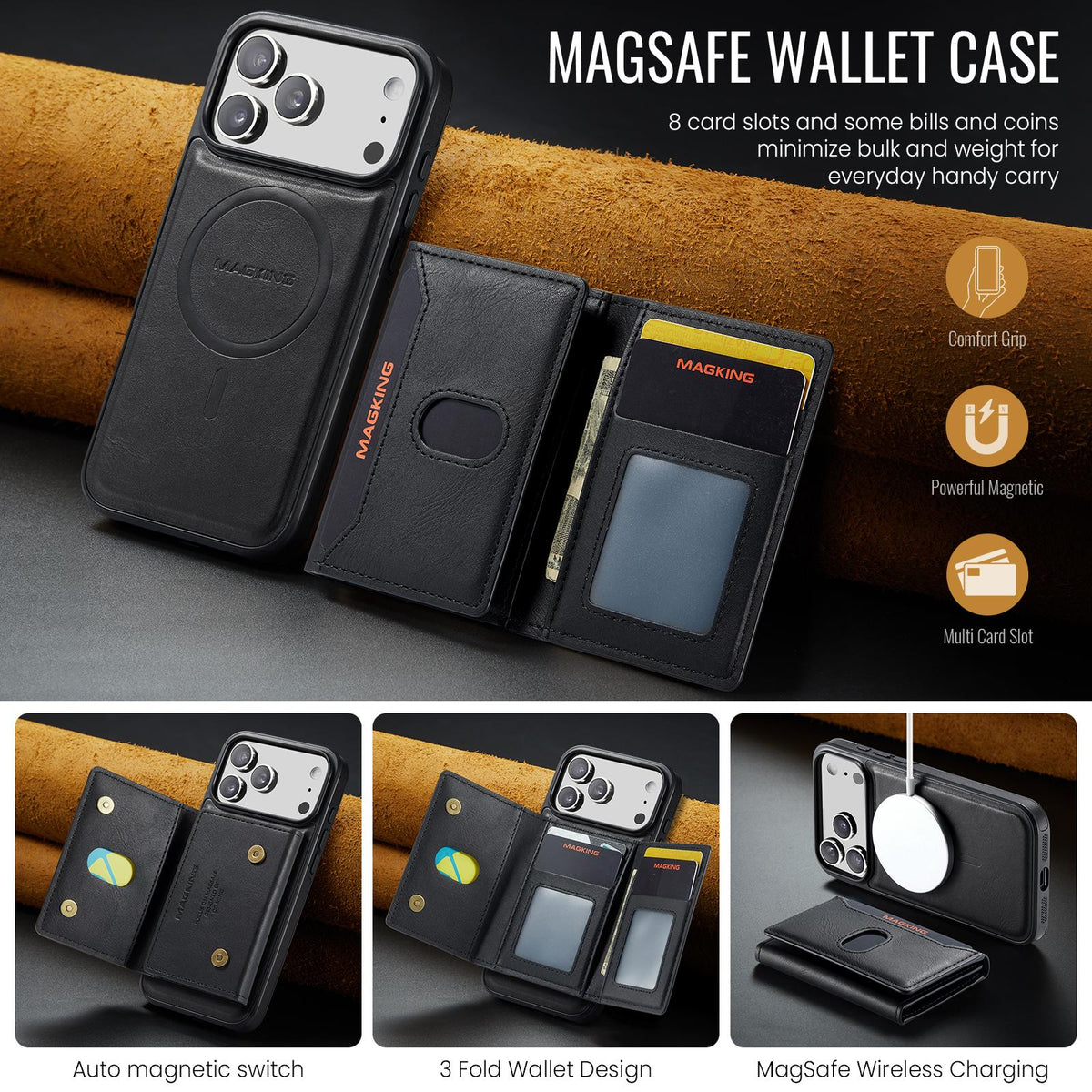 Compatible with iPhone 18 Pro Max MAGKING K5 Series RFID Tri-fold Card Bag Detachable Magnetic Phone Case - Black