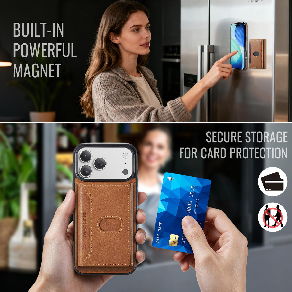 Compatible with iPhone 18 Pro Max MAGKING K5 Series RFID Tri-fold Card Bag Detachable Magnetic Phone Case - Brown