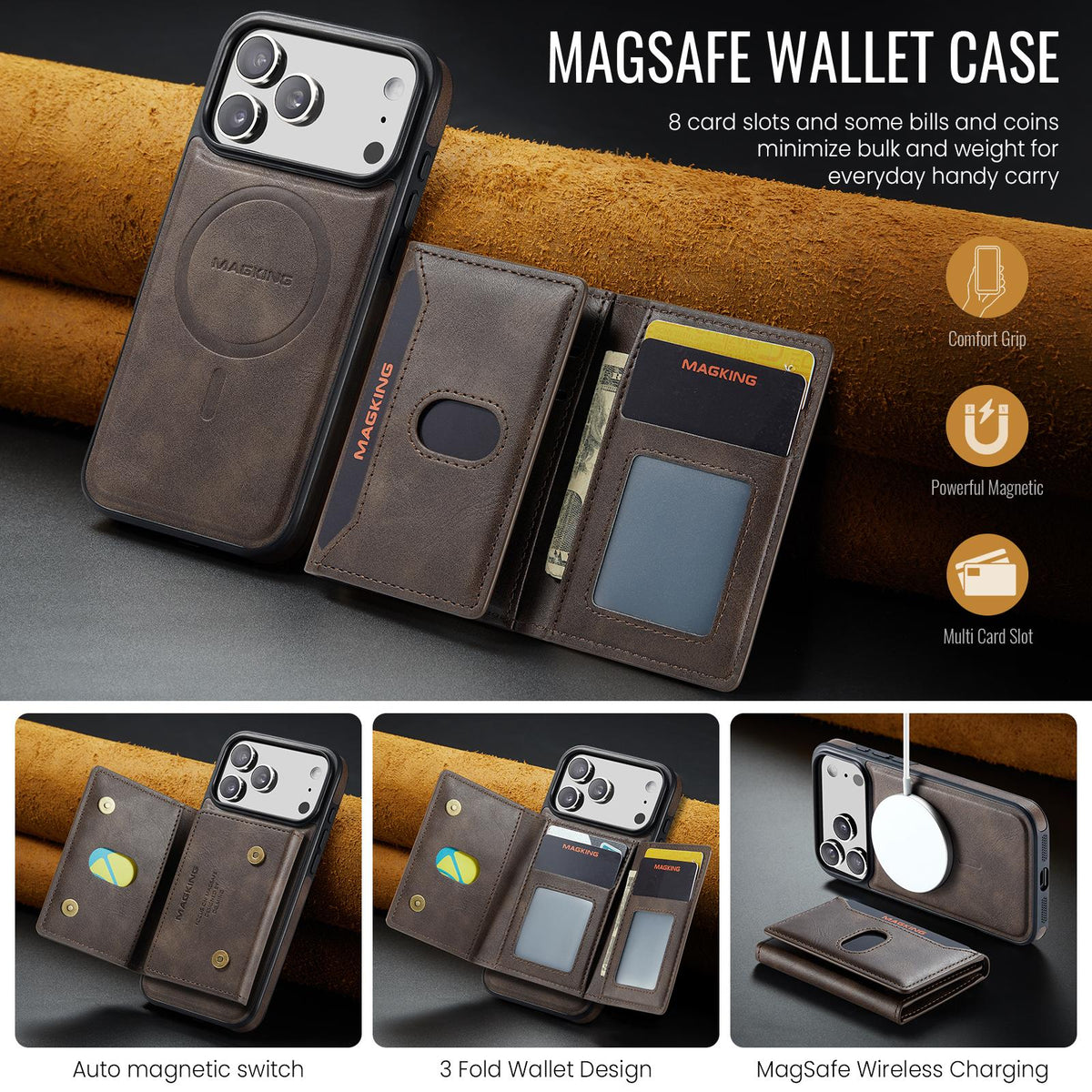 Compatible with iPhone 18 Pro Max MAGKING K5 Series RFID Tri-fold Card Bag Detachable Magnetic Phone Case - Coffee