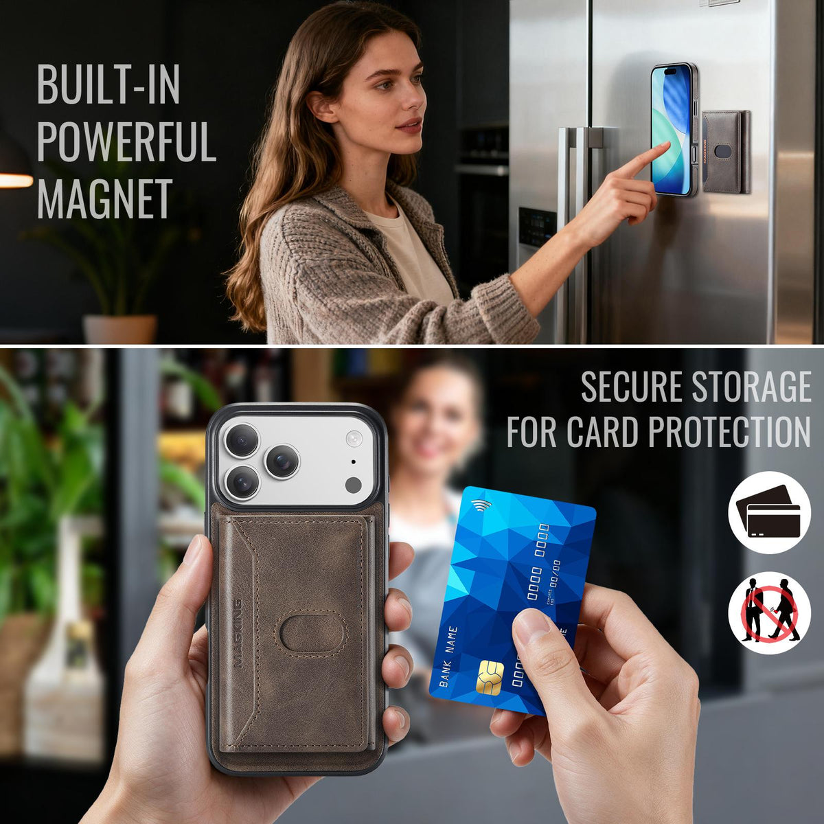 Compatible with iPhone 18 Pro Max MAGKING K5 Series RFID Tri-fold Card Bag Detachable Magnetic Phone Case - Coffee