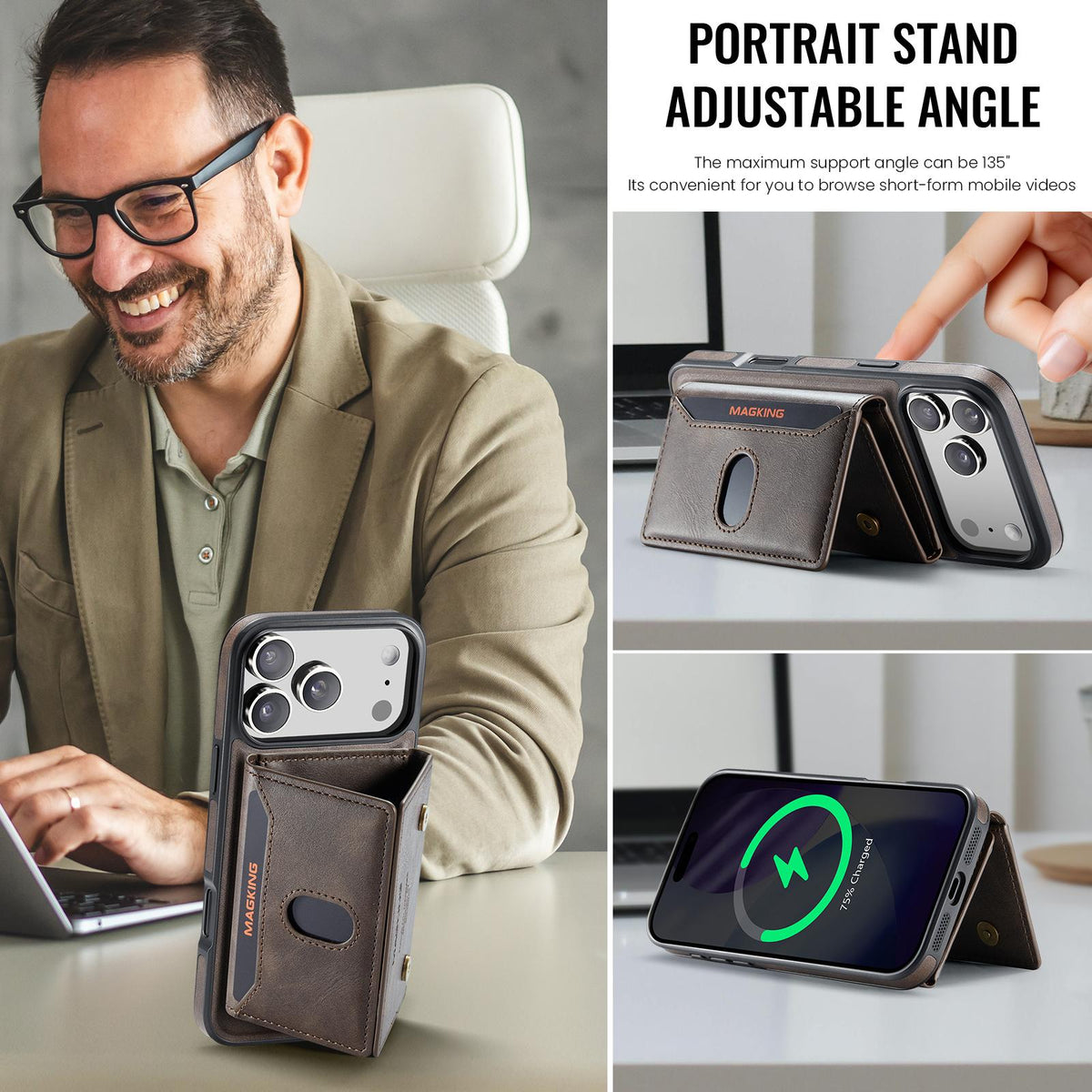 Compatible with iPhone 18 Pro Max MAGKING K5 Series RFID Tri-fold Card Bag Detachable Magnetic Phone Case - Coffee