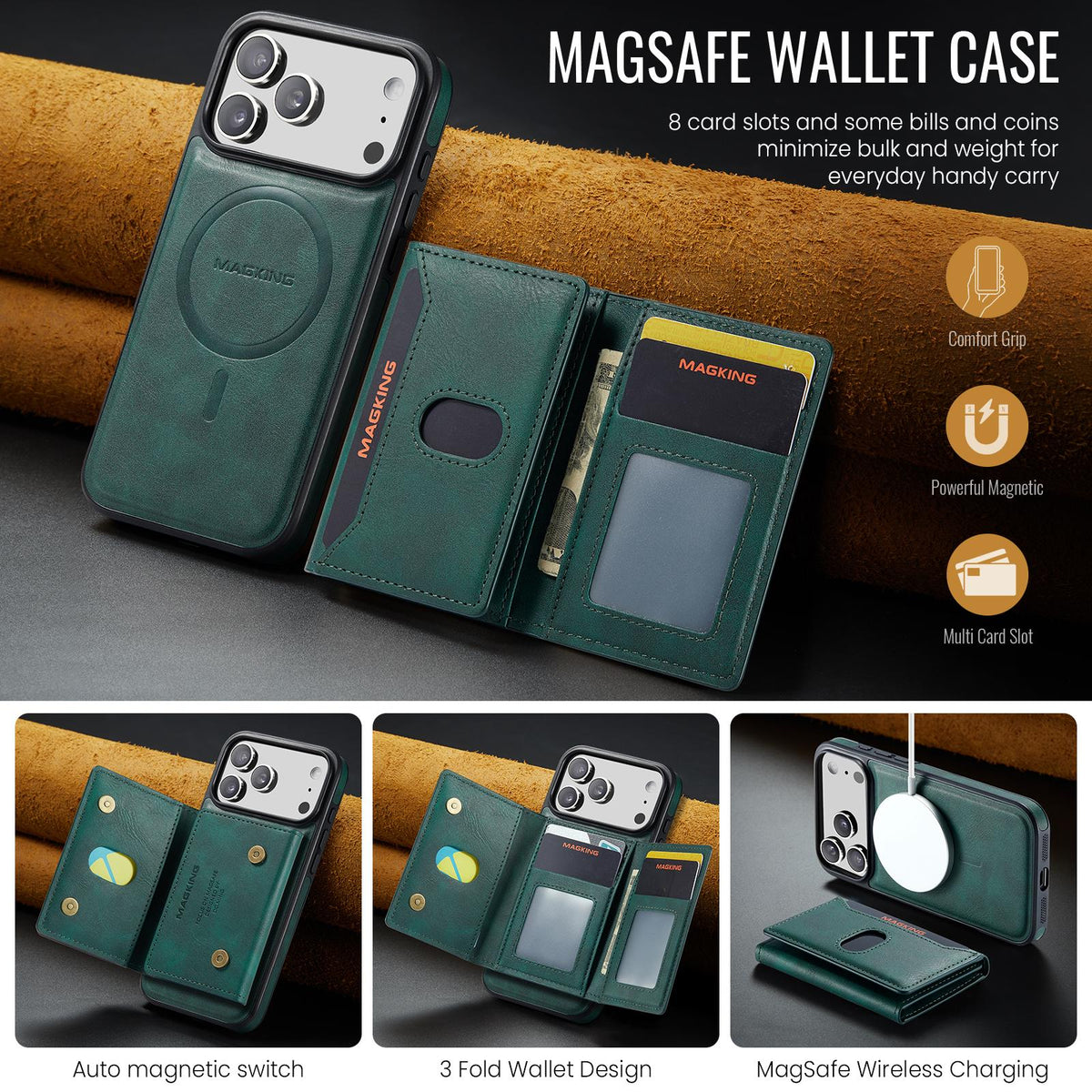 Compatible with iPhone 18 Pro Max MAGKING K5 Series RFID Tri-fold Card Bag Detachable Magnetic Phone Case - Green