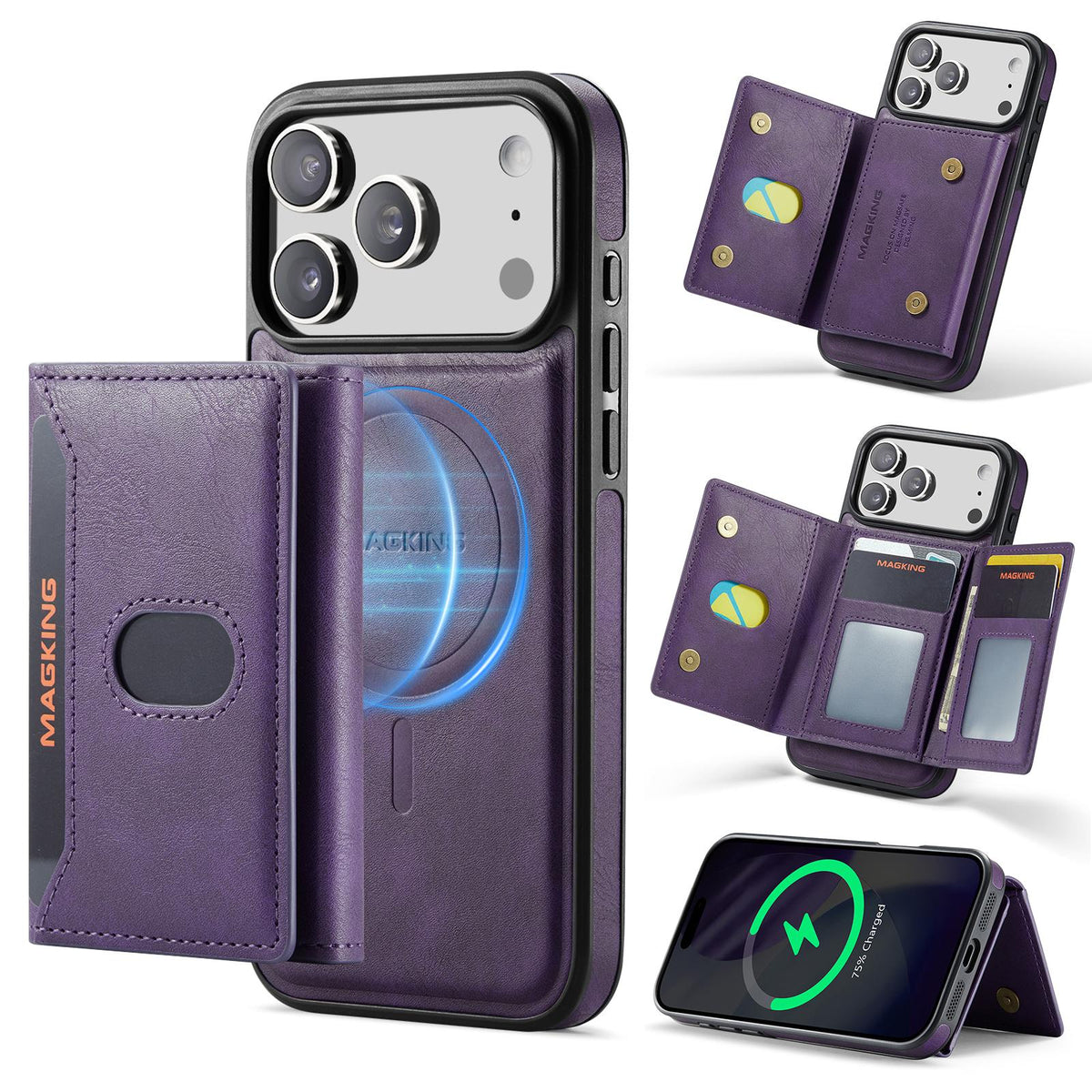 Compatible with iPhone 18 Pro Max MAGKING K5 Series RFID Tri-fold Card Bag Detachable Magnetic Phone Case - Purple