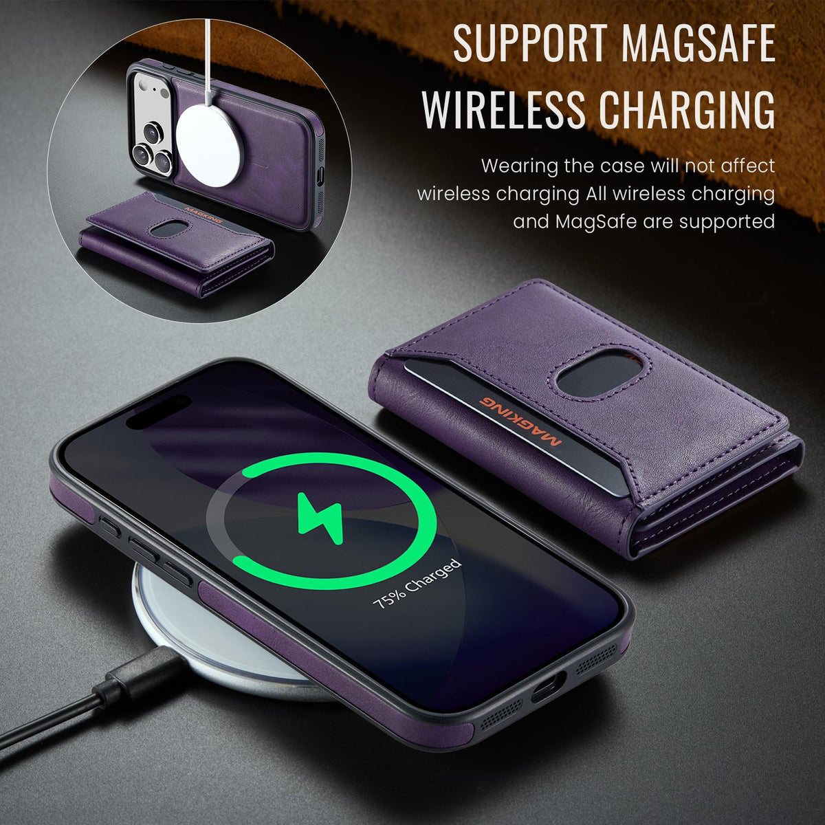Compatible with iPhone 18 Pro Max MAGKING K5 Series RFID Tri-fold Card Bag Detachable Magnetic Phone Case - Purple