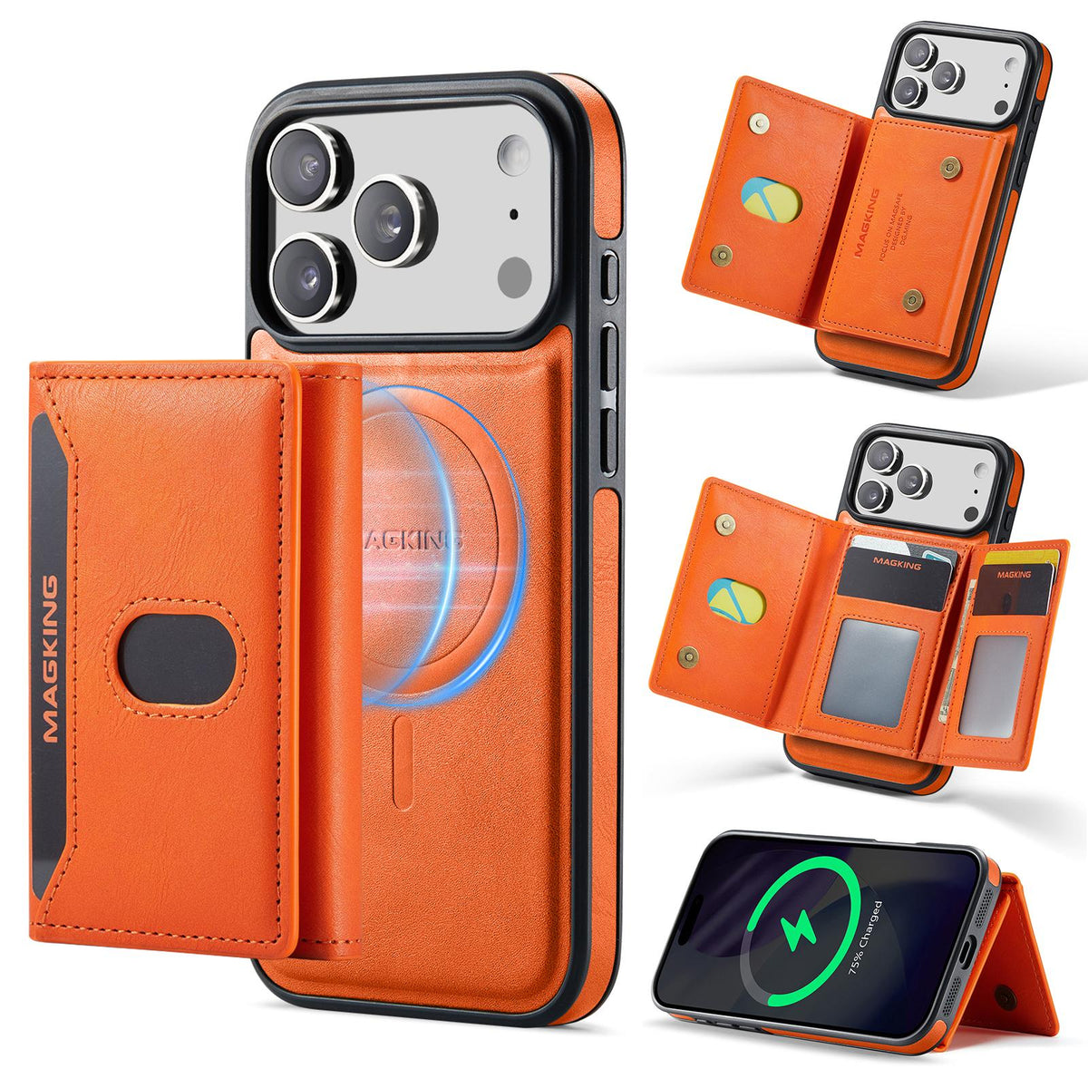 Compatible with iPhone 18 Pro Max MAGKING K5 Series RFID Tri-fold Card Bag Detachable Magnetic Phone Case - Orange