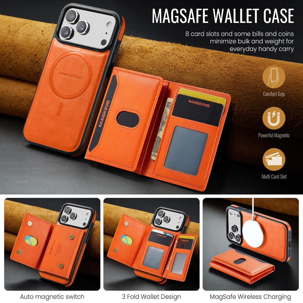 Compatible with iPhone 18 Pro Max MAGKING K5 Series RFID Tri-fold Card Bag Detachable Magnetic Phone Case - Orange