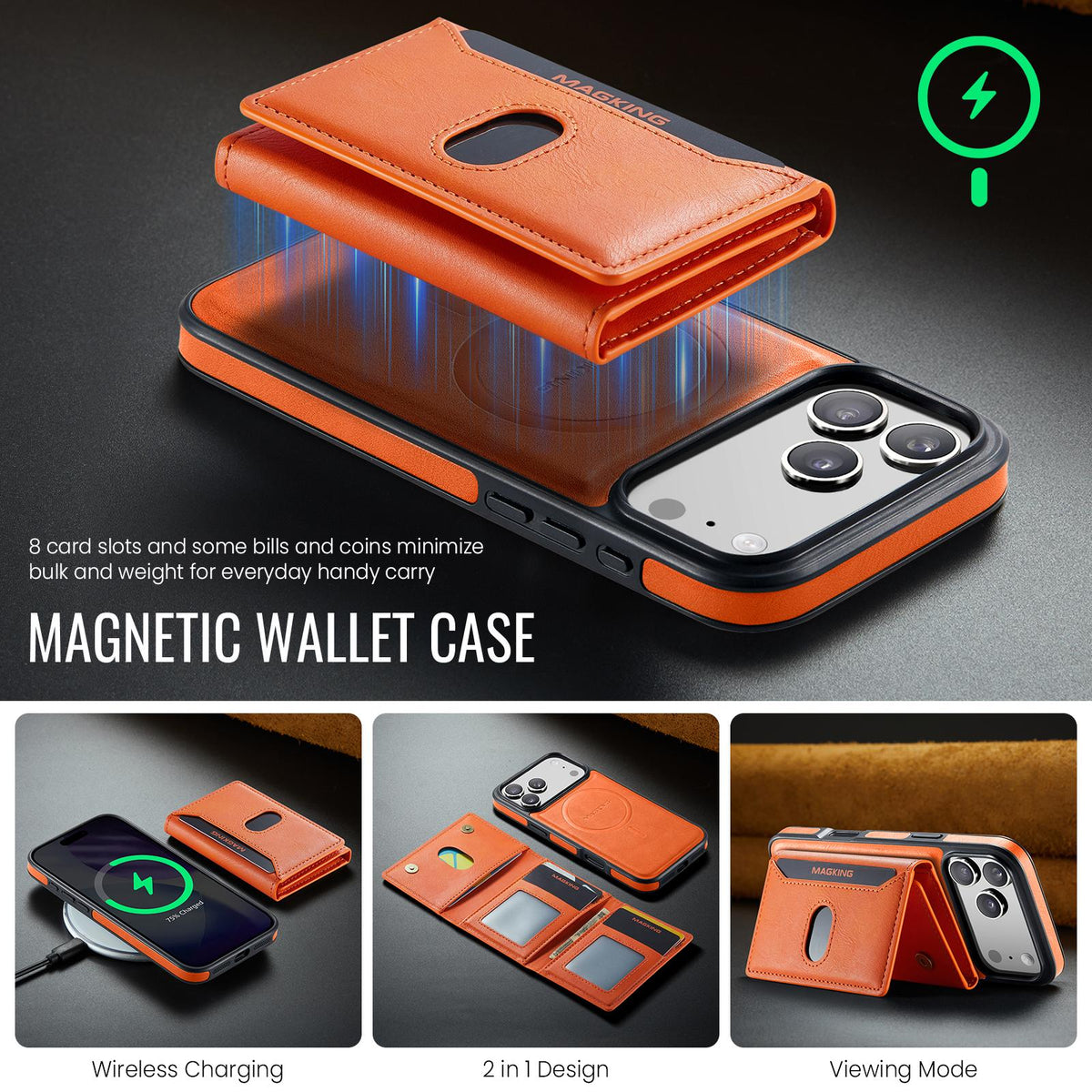 Compatible with iPhone 18 Pro Max MAGKING K5 Series RFID Tri-fold Card Bag Detachable Magnetic Phone Case - Orange