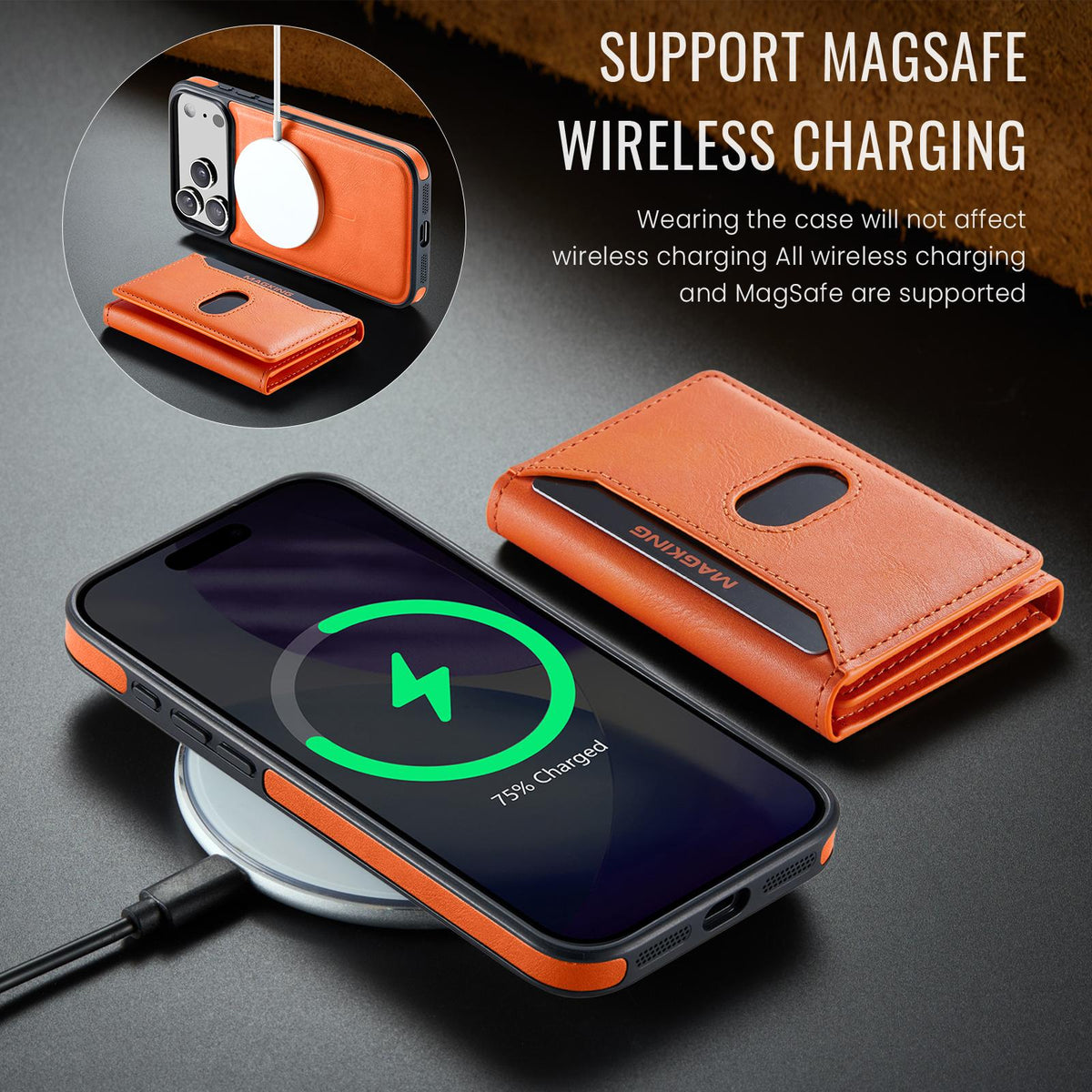 Compatible with iPhone 18 Pro Max MAGKING K5 Series RFID Tri-fold Card Bag Detachable Magnetic Phone Case - Orange