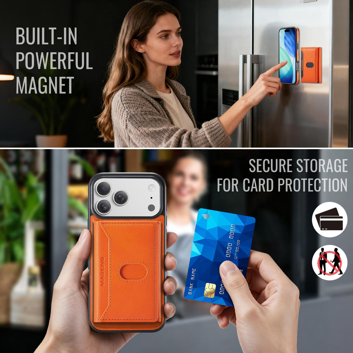 Compatible with iPhone 18 Pro Max MAGKING K5 Series RFID Tri-fold Card Bag Detachable Magnetic Phone Case - Orange