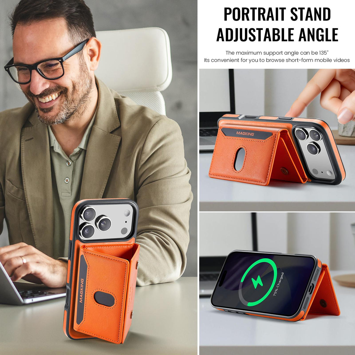 Compatible with iPhone 18 Pro Max MAGKING K5 Series RFID Tri-fold Card Bag Detachable Magnetic Phone Case - Orange