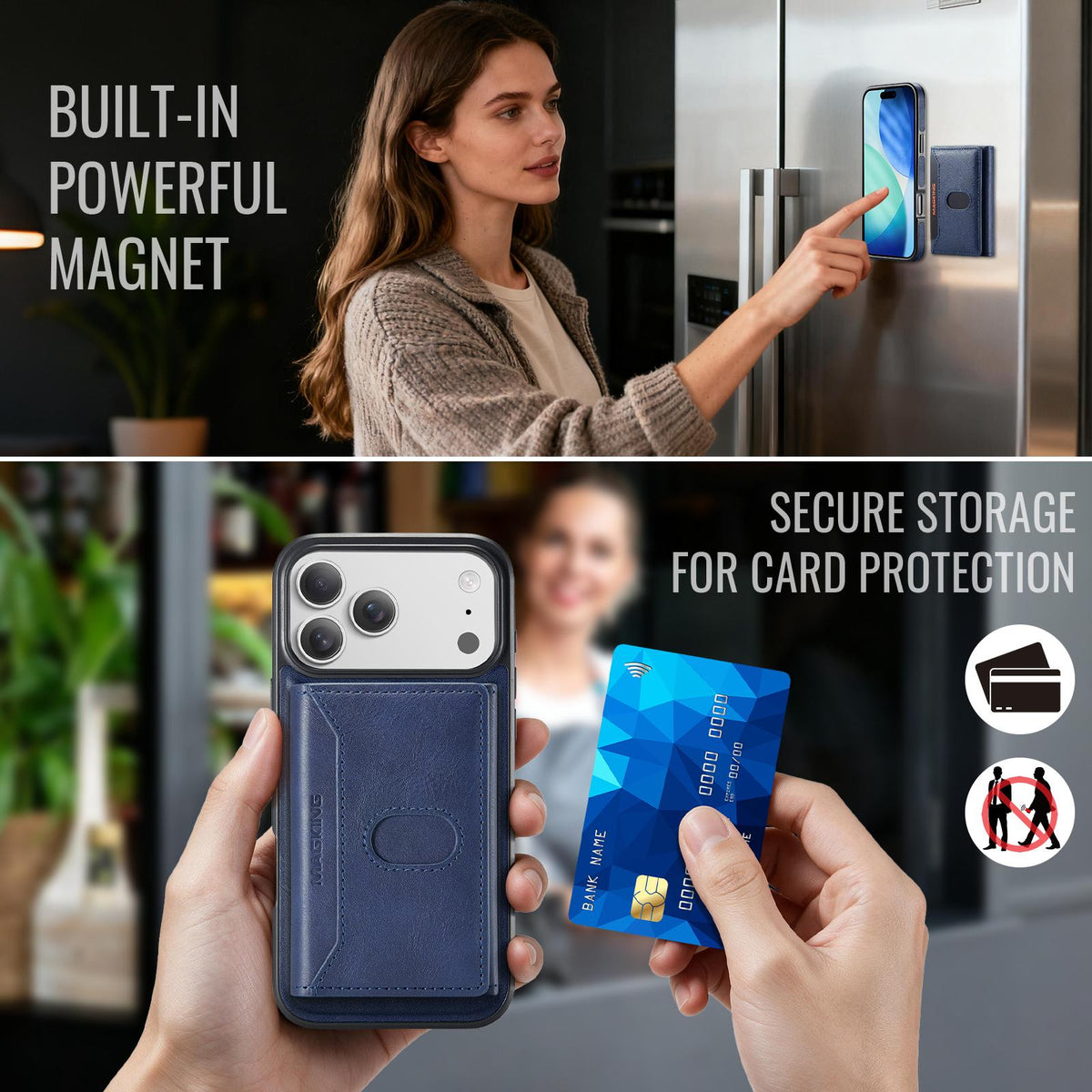 Compatible with iPhone 18 Pro Max MAGKING K5 Series RFID Tri-fold Card Bag Detachable Magnetic Phone Case - Blue