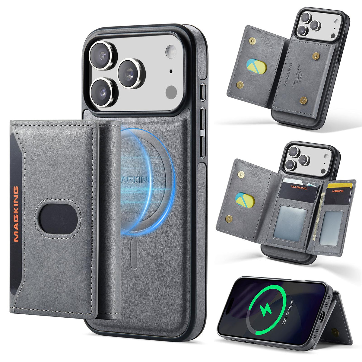 Compatible with iPhone 18 Pro Max MAGKING K5 Series RFID Tri-fold Card Bag Detachable Magnetic Phone Case - Grey