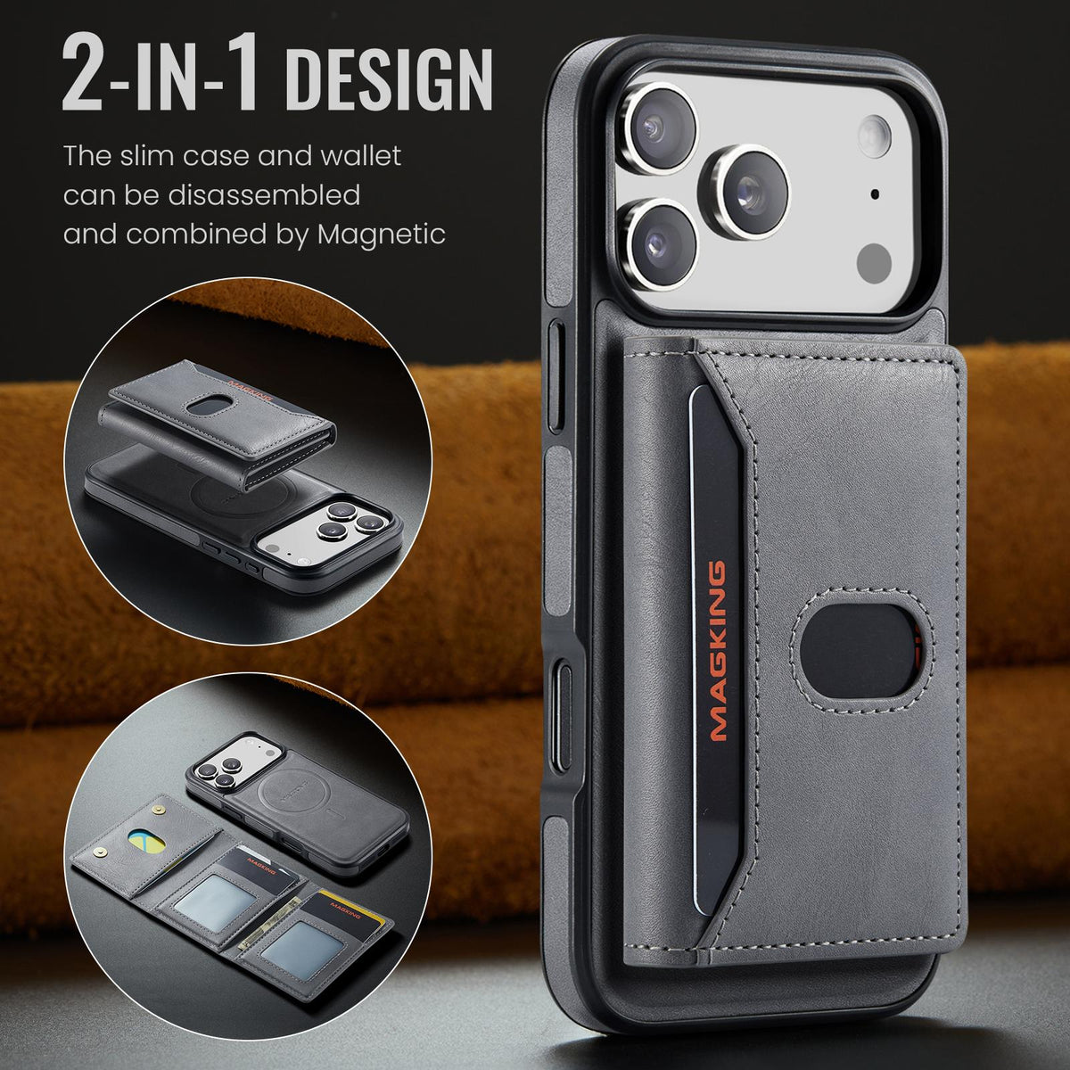 Compatible with iPhone 18 Pro Max MAGKING K5 Series RFID Tri-fold Card Bag Detachable Magnetic Phone Case - Grey