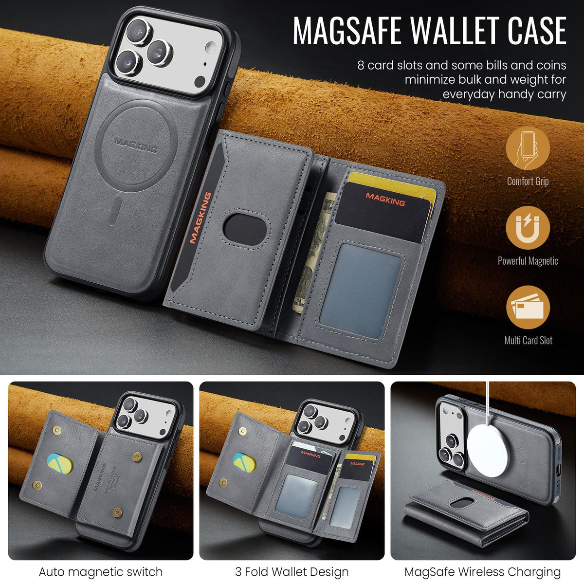 Compatible with iPhone 18 Pro Max MAGKING K5 Series RFID Tri-fold Card Bag Detachable Magnetic Phone Case - Grey
