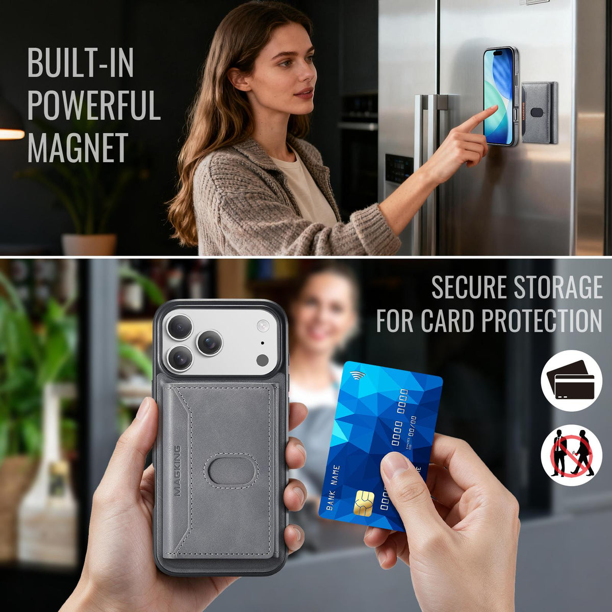 Compatible with iPhone 18 Pro Max MAGKING K5 Series RFID Tri-fold Card Bag Detachable Magnetic Phone Case - Grey
