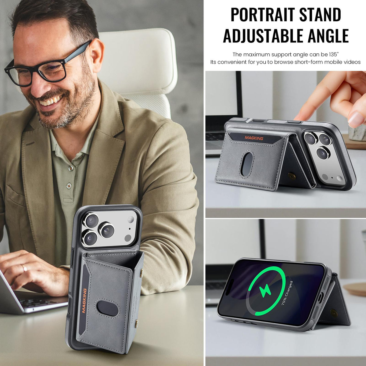 Compatible with iPhone 18 Pro Max MAGKING K5 Series RFID Tri-fold Card Bag Detachable Magnetic Phone Case - Grey