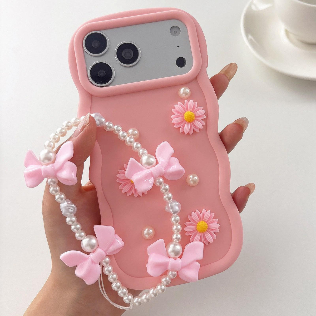 Compatible with iPhone 18 Pro Max Macaron Color Little Daisy and Pearl Phone Case with Bracelet Chain - Pink