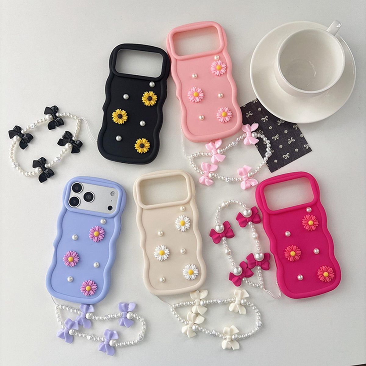 Compatible with iPhone 18 Pro Max Macaron Color Little Daisy and Pearl Phone Case with Bracelet Chain - Red