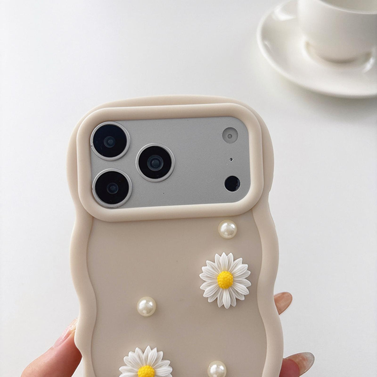 Compatible with iPhone 18 Pro Max Macaron Color Little Daisy and Pearl Phone Case with Bracelet Chain - Pink
