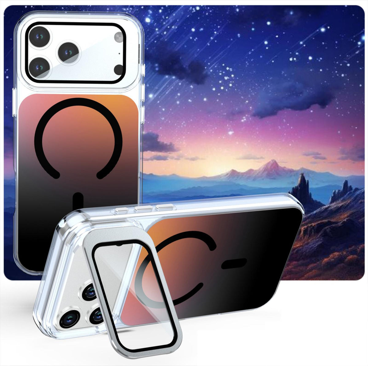 Compatible with iPhone 18 Pro Max Gradient Discolor Lens Protector Kickstand Magnetic Phone Case - Black