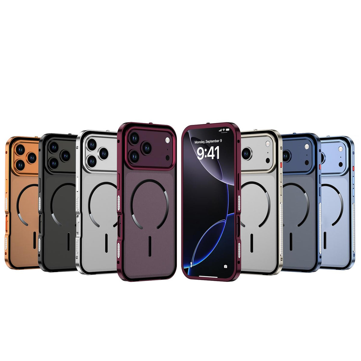 Compatible with iPhone 18 Pro Max Single-sided Snap Buckle Metal Frame Frosted MagSafe Phone Case - Cherry Red