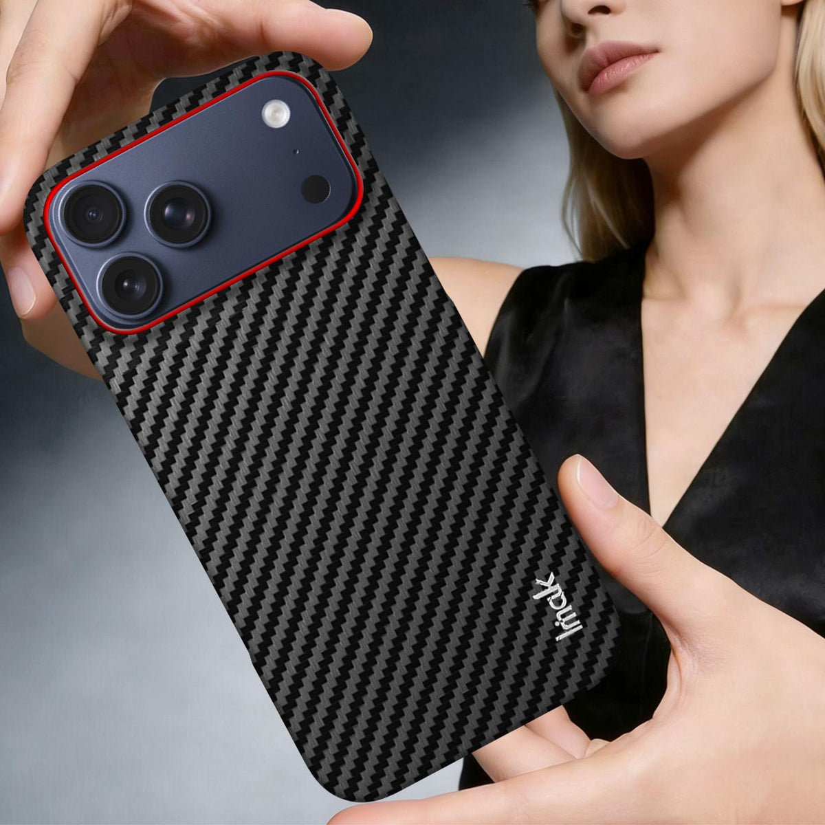 Compatible with iPhone 18 Pro Max imak Ruiyi Series Red Ring Carbon Fiber Texture Phone Case - Black