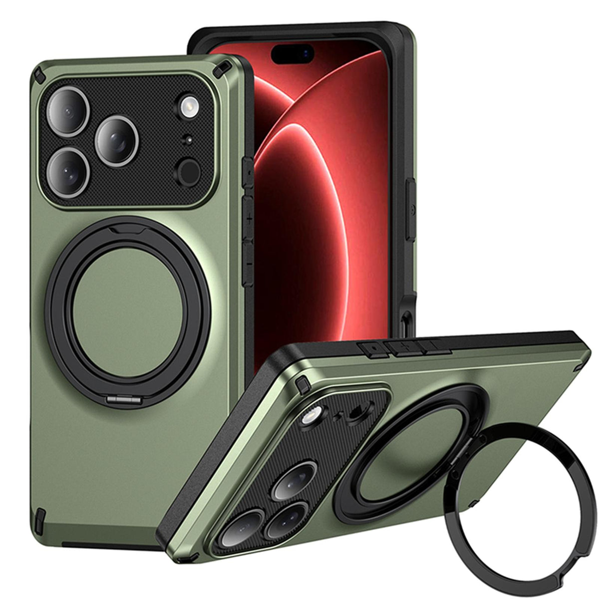 Compatible with iPhone 18 Pro Magnetic 360 Degree Ring Holder Phone Case - Army Green