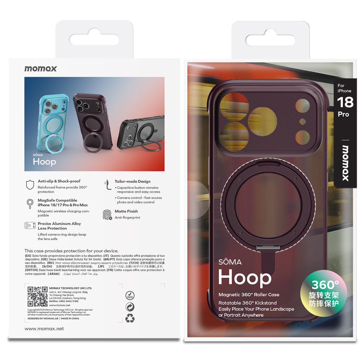 Compatible with iPhone 18 Pro MOMAX SOMA Hoop Series Magnetic 360 Rotating Invisible Stand Phone Case - Cherry Red