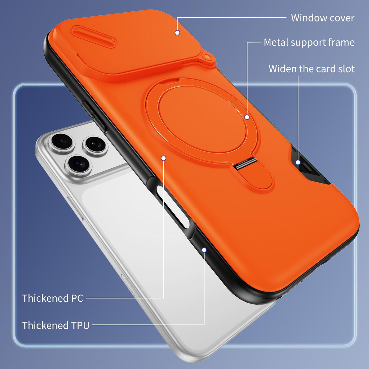 Compatible with iPhone 18 Pro Sliding Camshield Card Slot Magnetic Rotation Holder Phone Case - Orange