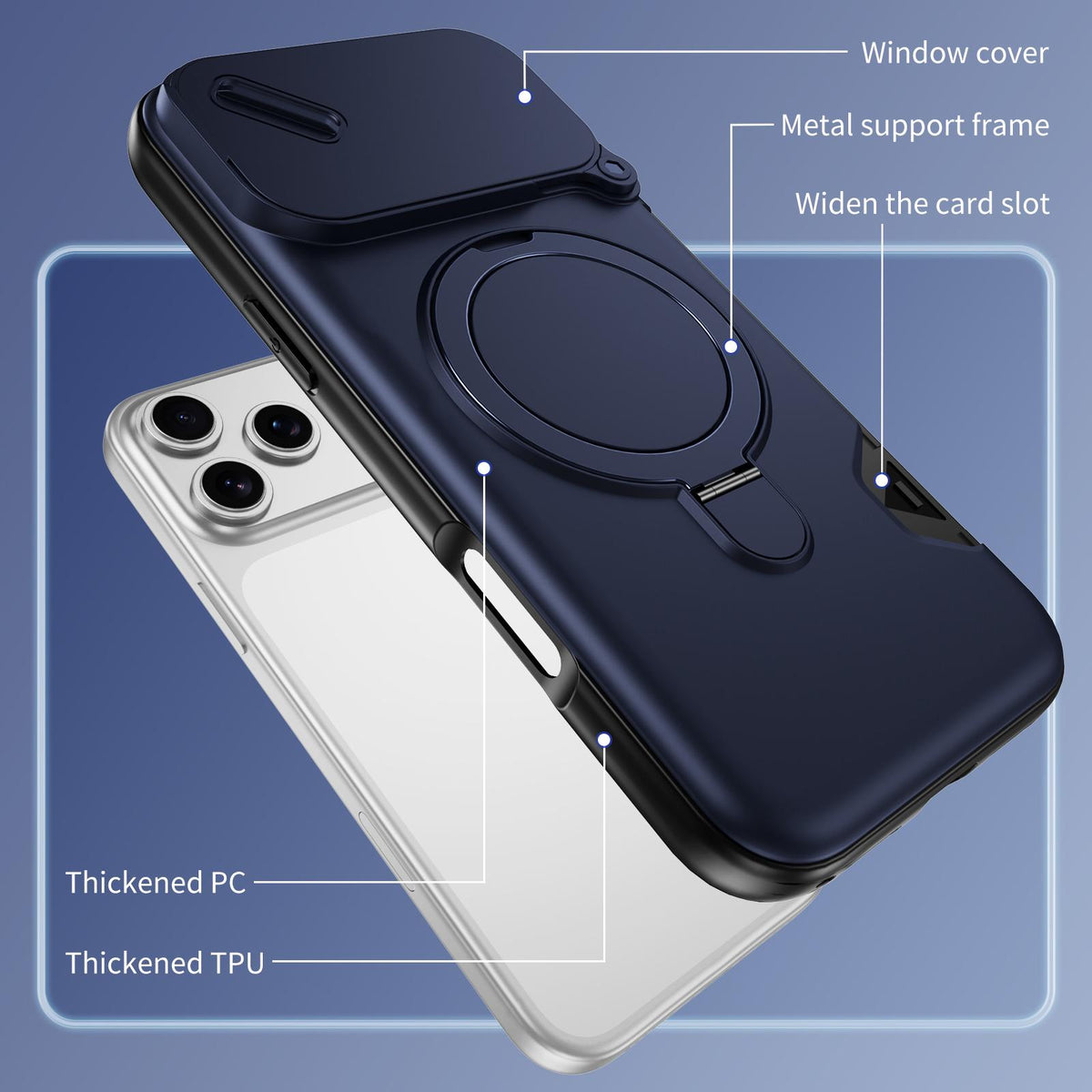 Compatible with iPhone 18 Pro Max Sliding Camshield Card Slot Magnetic Rotation Holder Phone Case - Royal Blue