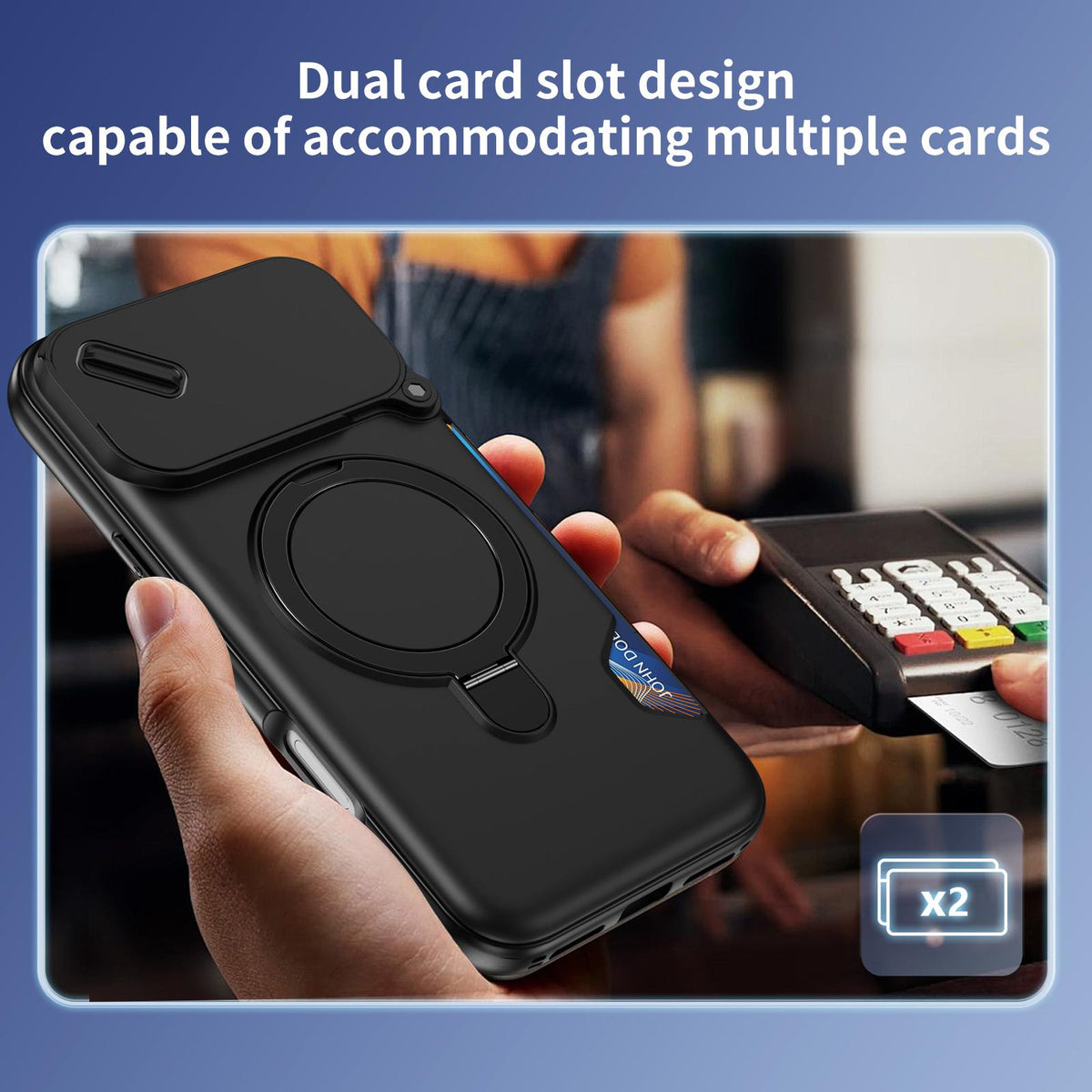 Compatible with iPhone 18 Pro Max Sliding Camshield Card Slot Magnetic Rotation Holder Phone Case - Black
