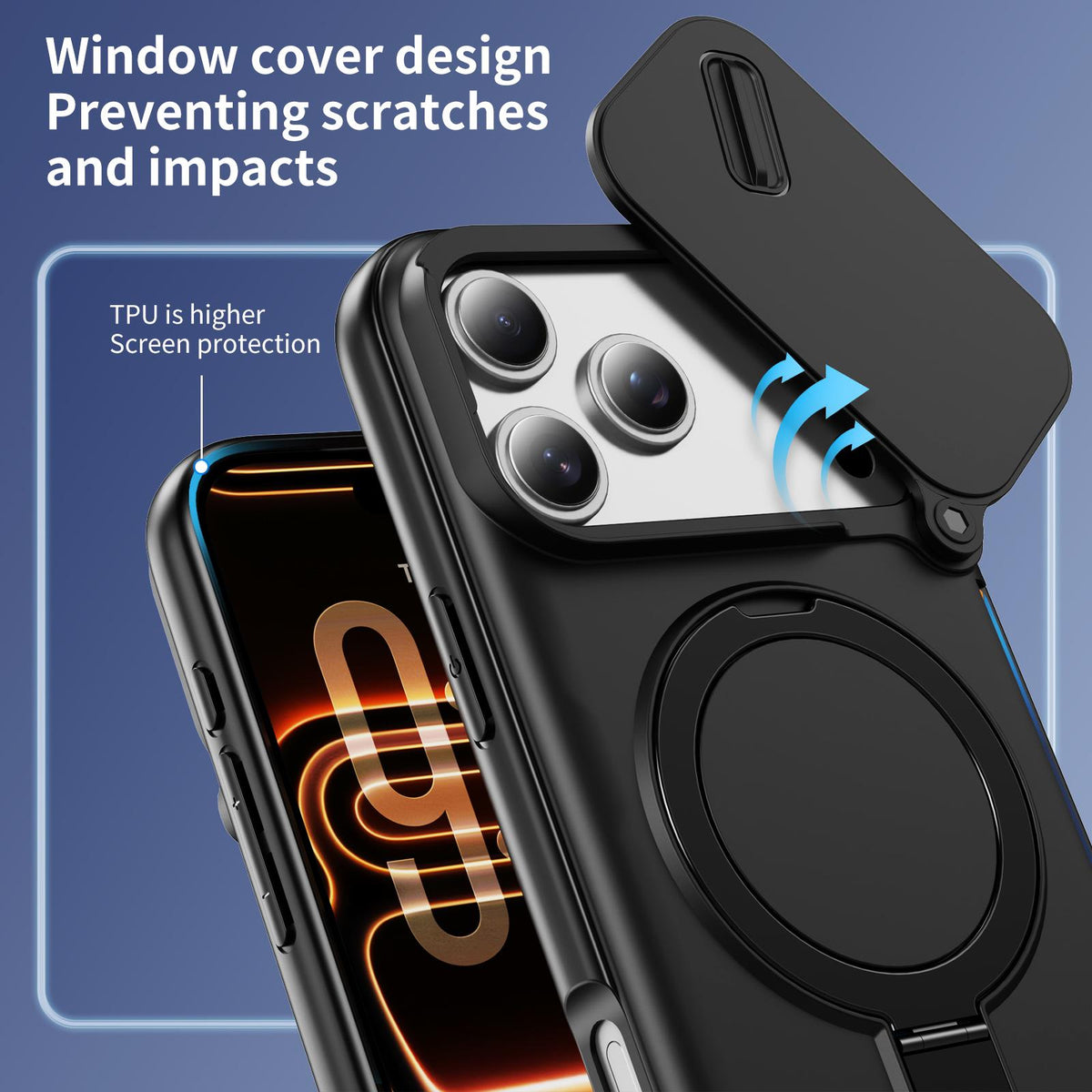Compatible with iPhone 18 Pro Max Sliding Camshield Card Slot Magnetic Rotation Holder Phone Case - Black