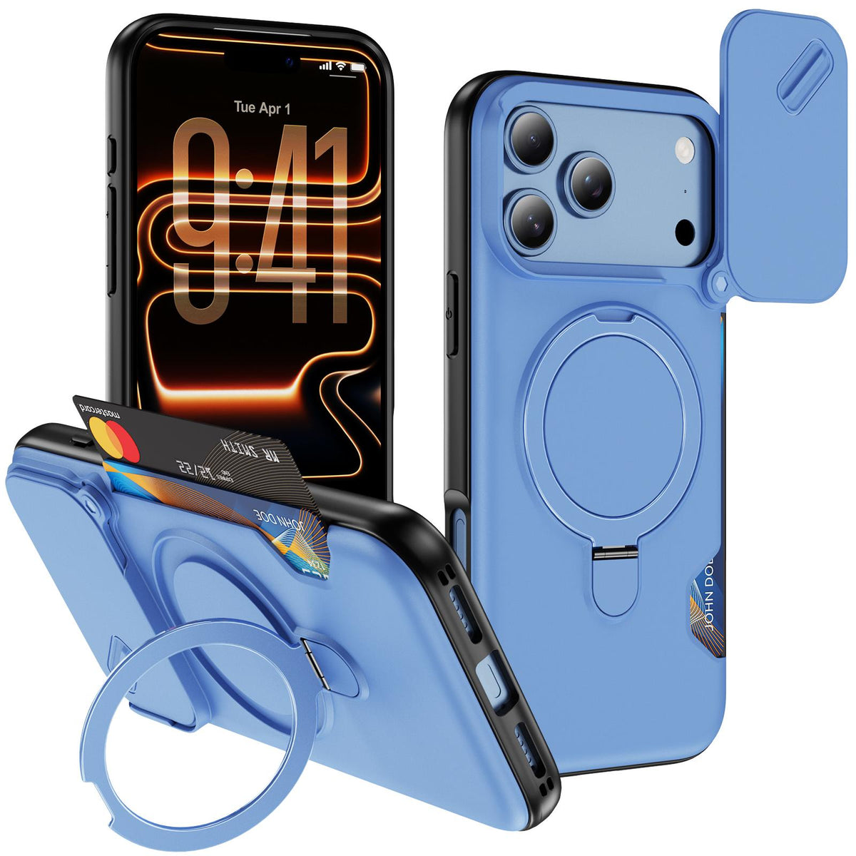 Compatible with iPhone 18 Pro Max Sliding Camshield Card Slot Magnetic Rotation Holder Phone Case - Light Blue