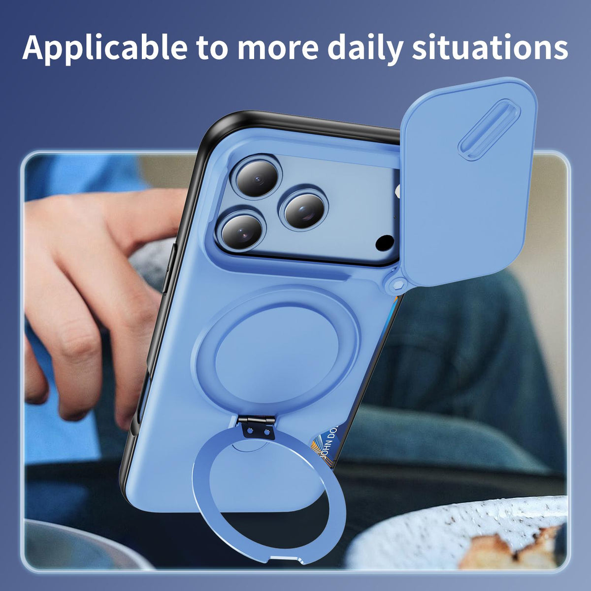Compatible with iPhone 18 Pro Max Sliding Camshield Card Slot Magnetic Rotation Holder Phone Case - Light Blue