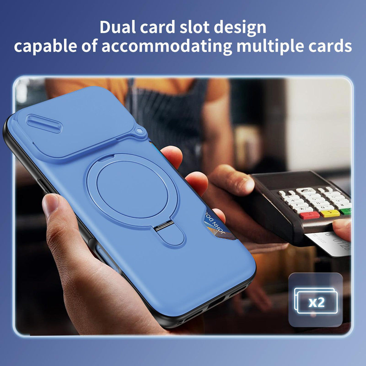 Compatible with iPhone 18 Pro Max Sliding Camshield Card Slot Magnetic Rotation Holder Phone Case - Light Blue