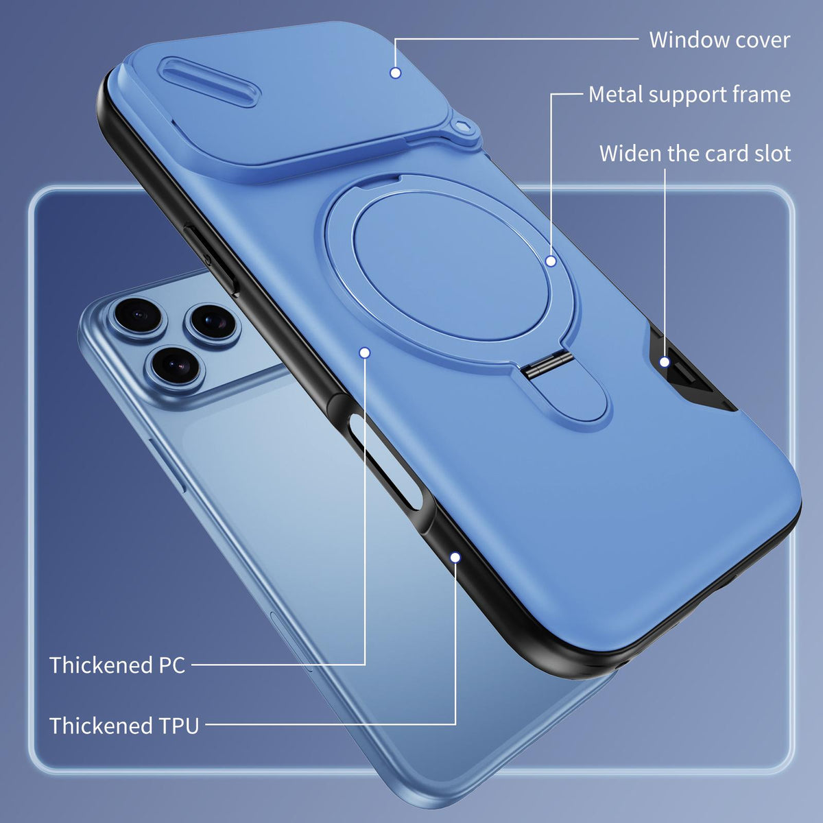 Compatible with iPhone 18 Pro Max Sliding Camshield Card Slot Magnetic Rotation Holder Phone Case - Light Blue