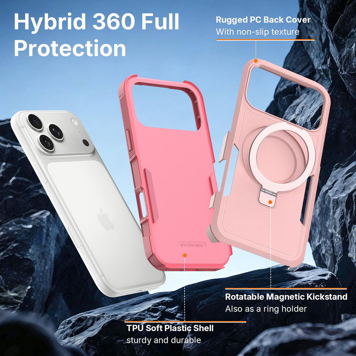 Compatible with iPhone 18 Pro Shockproof Protective TPU Dual-Layer PC Ring Holder Magnetic Phone Case - Pink