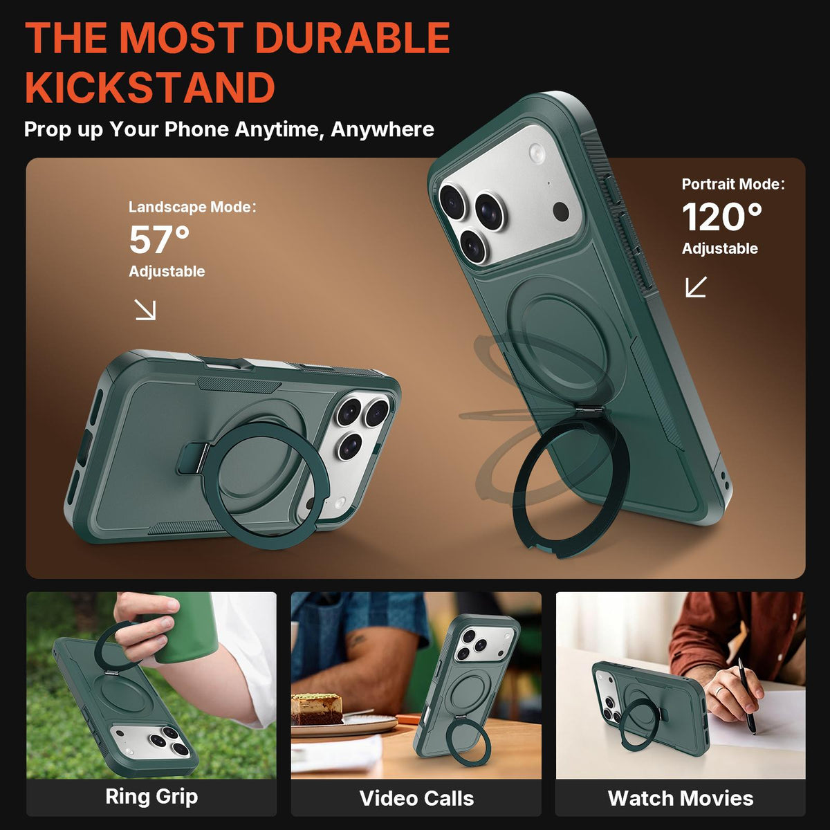 Compatible with iPhone 18 Pro Shockproof Protective TPU Dual-Layer PC Ring Holder Magnetic Phone Case - Green