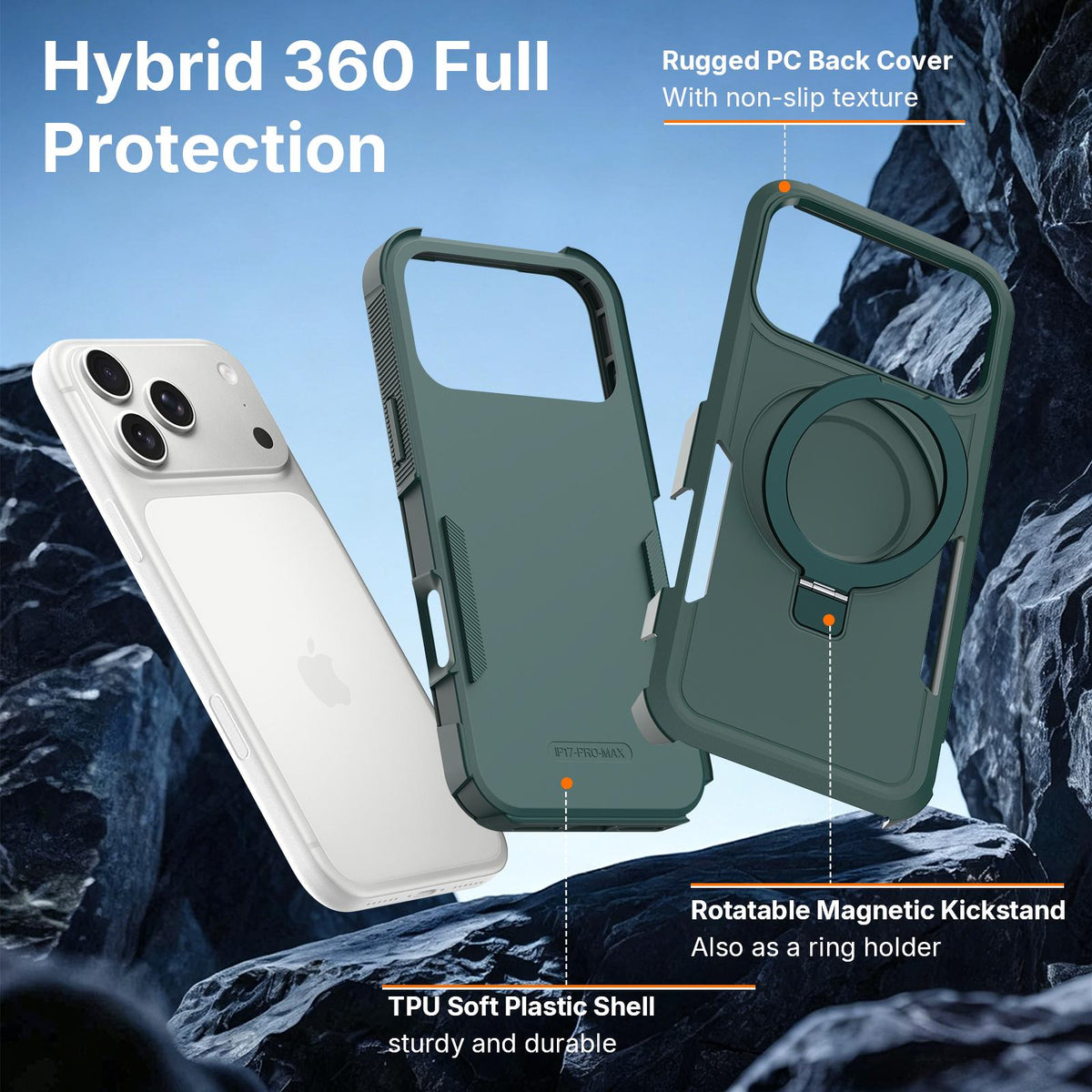 Compatible with iPhone 18 Pro Shockproof Protective TPU Dual-Layer PC Ring Holder Magnetic Phone Case - Green