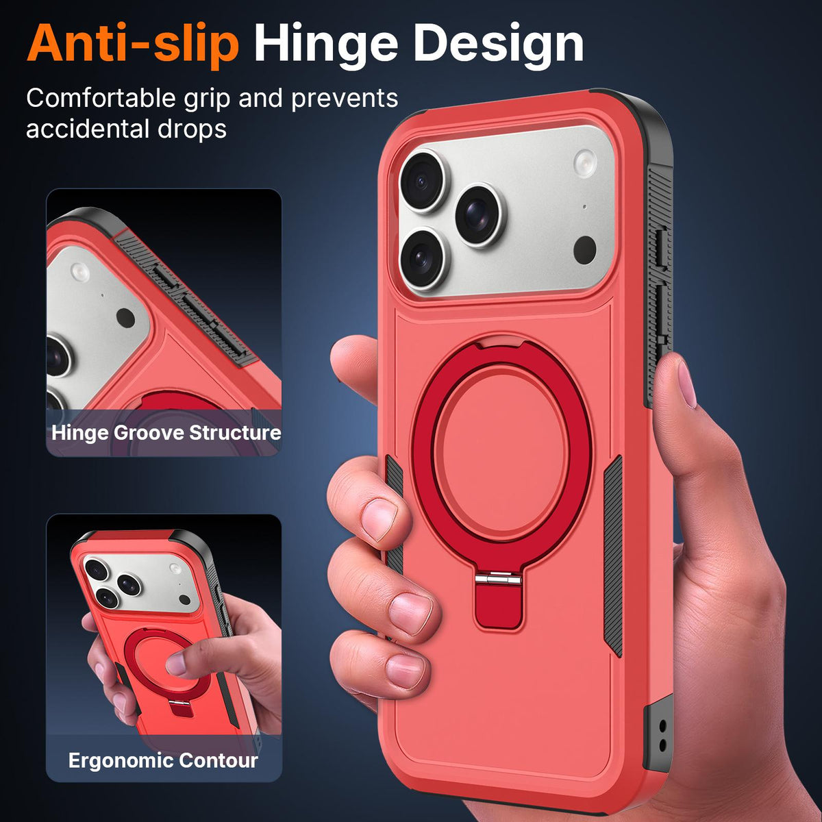 Compatible with iPhone 18 Pro Shockproof Protective TPU Dual-Layer PC Ring Holder Magnetic Phone Case - Red