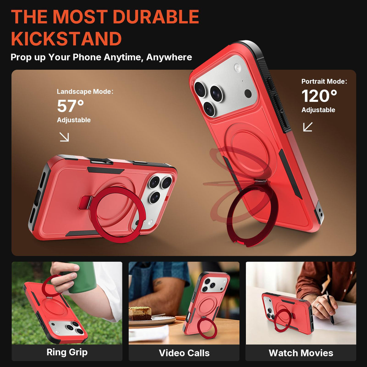 Compatible with iPhone 18 Pro Shockproof Protective TPU Dual-Layer PC Ring Holder Magnetic Phone Case - Red