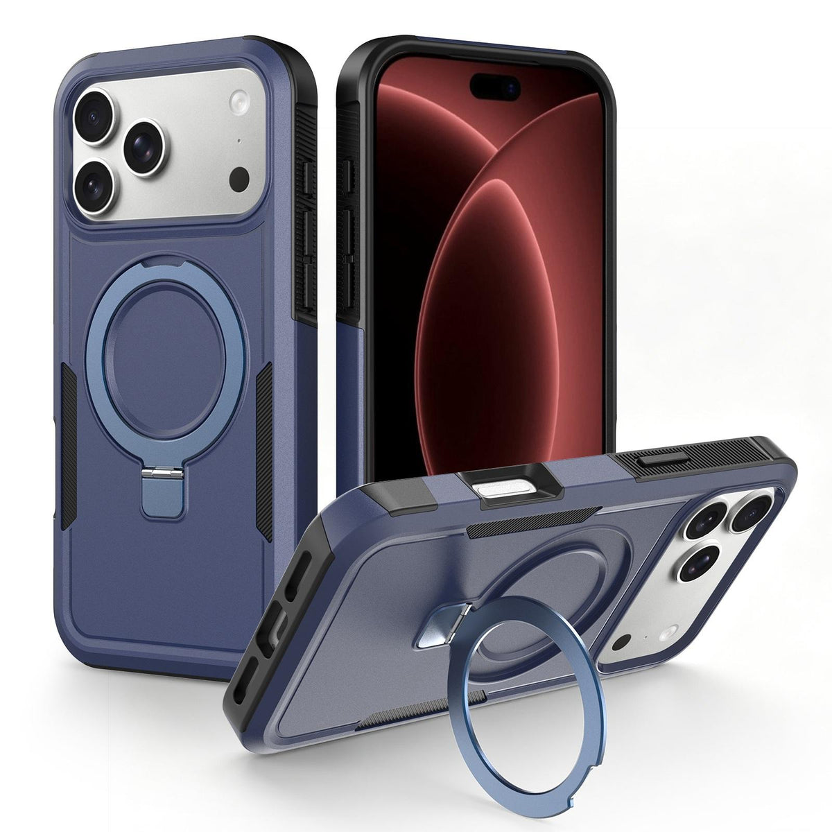 Compatible with iPhone 18 Pro Shockproof Protective TPU Dual-Layer PC Ring Holder Magnetic Phone Case - Blue