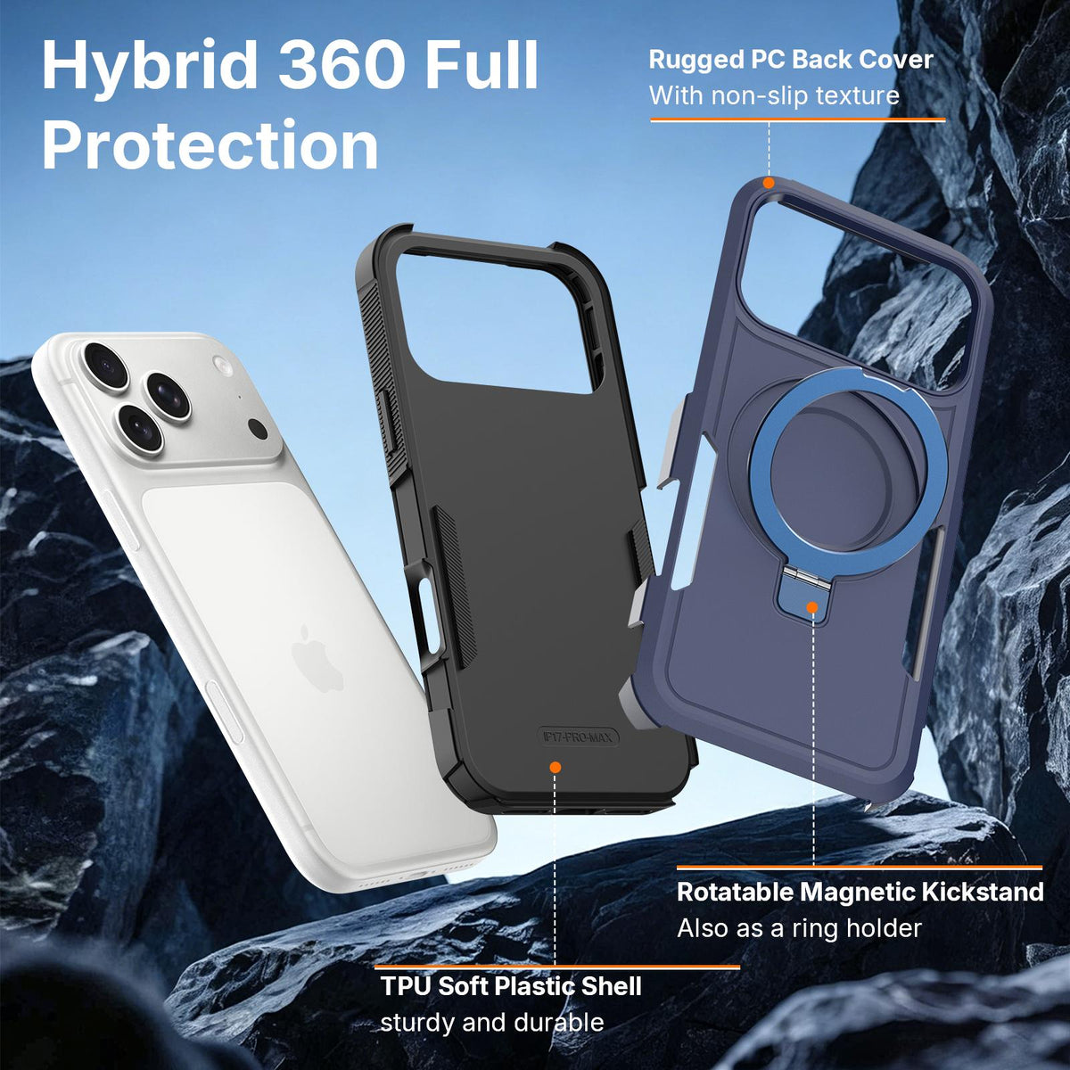 Compatible with iPhone 18 Pro Shockproof Protective TPU Dual-Layer PC Ring Holder Magnetic Phone Case - Blue