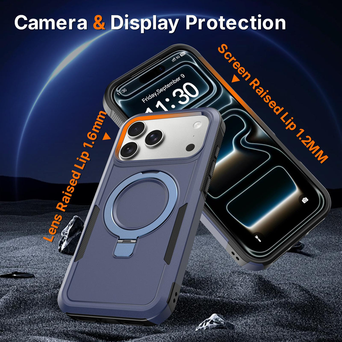 Compatible with iPhone 18 Pro Shockproof Protective TPU Dual-Layer PC Ring Holder Magnetic Phone Case - Blue
