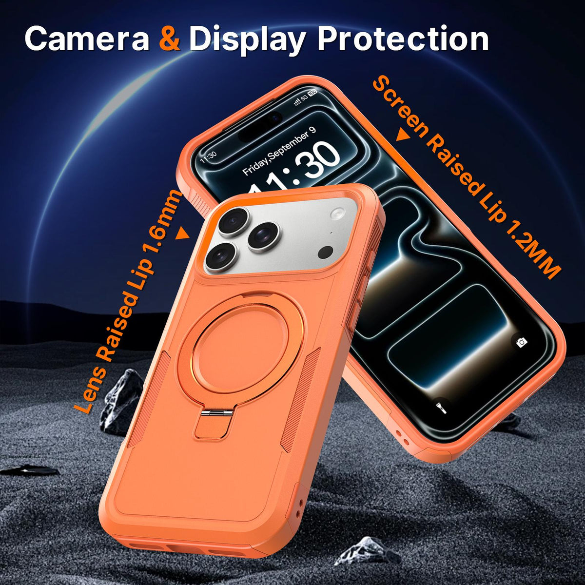 Compatible with iPhone 18 Pro Shockproof Protective TPU Dual-Layer PC Ring Holder Magnetic Phone Case - Orange