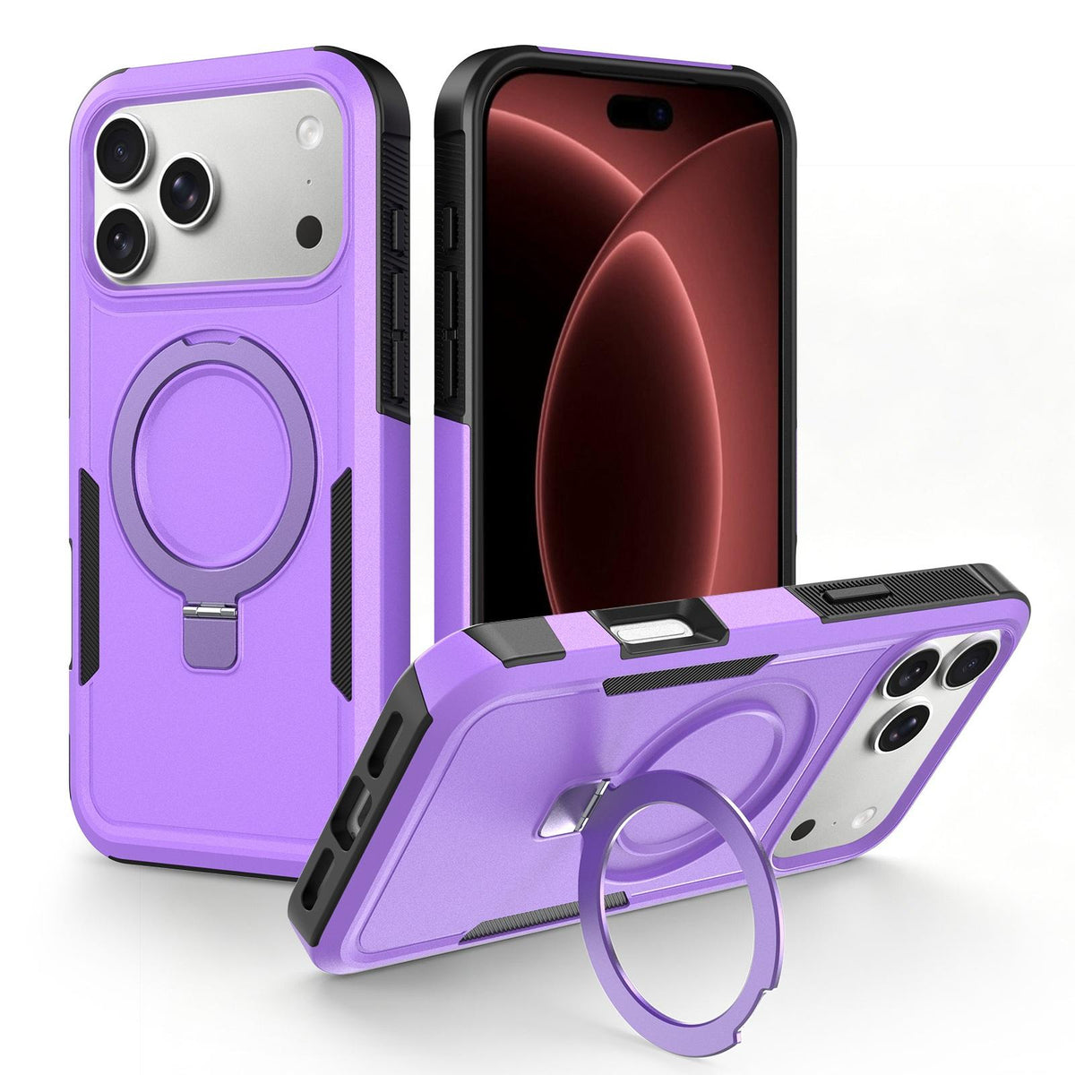 Compatible with iPhone 18 Pro Max Shockproof Protective TPU Dual-Layer PC Ring Holder Magnetic Phone Case - Purple